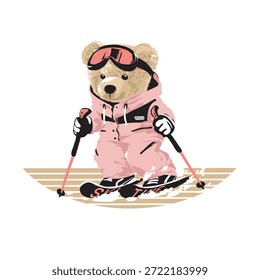 Fuzzy teddy bear skier in rosy pink jumpsuit enjoys downhill snow sports with poles. Fun winter activity graphic for resort wear.