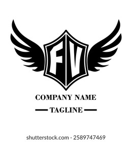 FV A bold winged shield emblem with customizable initials A-Z. Sleek black-and-white vector, perfect for branding, sports teams, motorcycle clubs, gaming,apparel and High-quality
