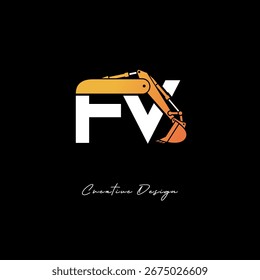 FV Excavator Arm Construction Logo - Bold Industrial Letter mark Design for Heavy Equipment, Contractor Branding and Modern Engineering Identity
