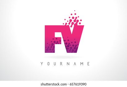 FV F V Letter Logo with Pink Letters and Purple Color Particles Dots Design.