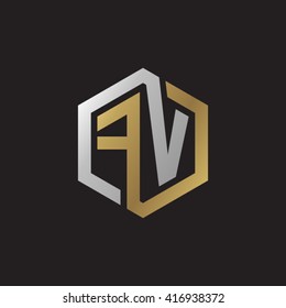 FV initial letters loop linked hexagon elegant logo golden silver black background
