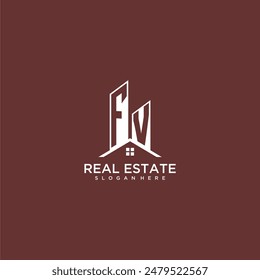 Monograma inicial de FV y logotipo de techo para bienes raíces