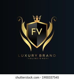 Letra FV Inicial con plantilla real.elegante con el vector de logotipo de la corona, Ilustración vectorial con logotipo de letras creativas.
