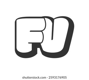 FV logo, bubble comic lettering, rounded in graffiti style black and white silhouette. Trendy preschool F and V letter text for festival party, personal initials, children funky print and web. 