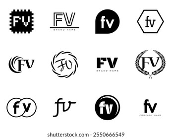 FV logo company template. Letter f and v logotype. Set different classic serif lettering and modern bold text with design elements. Initial font typography. Collection trendy business identity.