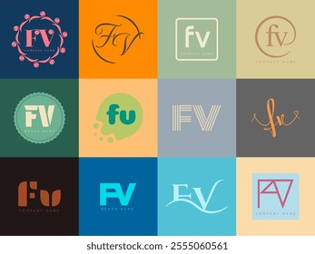 FV logo company template. Letter f and v logotype. Set different classic serif lettering and modern bold text with design elements. Initial font typography. Collection trendy business identity.