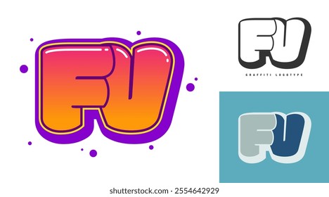 FV logo design for festival or party. Initial letter f and v in graffiti style. Creative modern lettering company name of font typography. Kids trendy logotype or identity. Vector illustration.