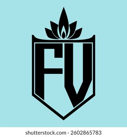 FV Logo featuring a minimalist design with a crown-like flower symbol on top, bold black elements, and a soft blue background, perfect for branding and modern visual identity.