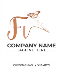 Fv monogram logo with butterfly and caterpillar transformation theme in copper gradient
