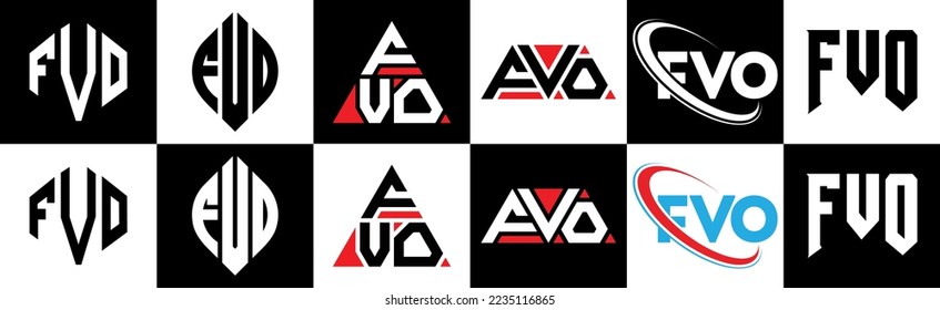 Logo-Design des FVO-Magazins in sechs Stilen. FVO Polygon, Kreis, Dreieck, Hexagon, flacher und einfacher Stil mit schwarz-weißem Farbänderungslogo in einer Zeichenfläche. FVO-Minimalisten und klassisches Logo