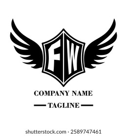 FW A bold winged shield emblem with customizable initials A-Z. Sleek black-and-white vector, perfect for branding, sports teams, motorcycle clubs, gaming,apparel and High-quality
