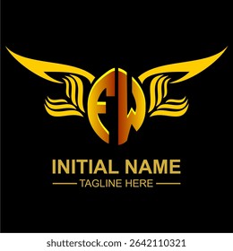 FW Golden Wing Emblem Logo with elegant gold wings, sleek and modern design. Ideal for branding, creative projects, luxury businesses, or artistic ventures.