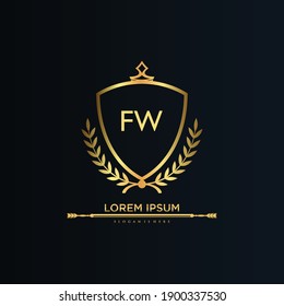Letra FW Inicial con plantilla real.elegante con el vector del logotipo de la corona, Ilustración vectorial con logotipo de letras creativas.