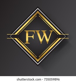 FW Letter logo in a square shape gold and silver colored geometric ornaments. Vector design template elements for your business or company identity.