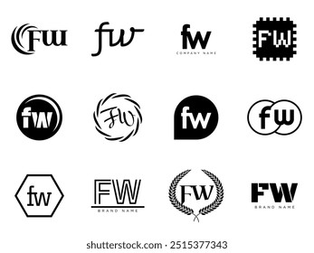 FW logo company template. Letter f and w logotype. Set different classic serif lettering and modern bold text with design elements. Initial font typography. Collection trendy business identity.