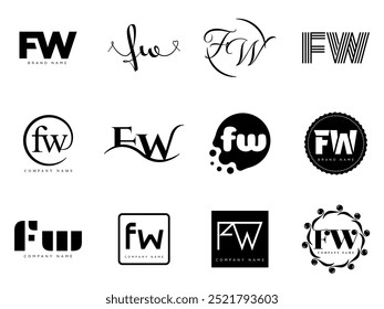 FW logo company template. Letter f and w logotype. Set different classic serif lettering and modern bold text with design elements. Initial font typography. Collection trendy business identity.