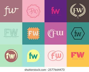 FW logo company template. Letter f and w logotype. Set different classic serif lettering and modern bold text with design elements. Initial font typography. Collection trendy business identity.