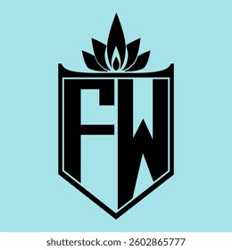 FW Logo featuring a minimalist design with a crown-like flower symbol on top, bold black elements, and a soft blue background, perfect for branding and modern visual identity.