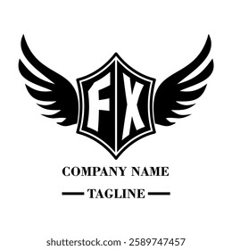 FX A bold winged shield emblem with customizable initials A-Z. Sleek black-and-white vector, perfect for branding, sports teams, motorcycle clubs, gaming,apparel and High-quality
