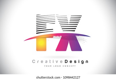FX F X Letter Logo Design With Creative Lines and Swosh in Purple Brush Color Vector Illustration.