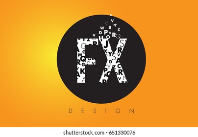 FX F X Logo Design Made of Small Letters with Black Circle and Yellow Background.