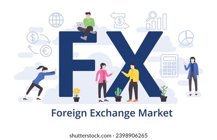 FX - Foreign Exchange Market concept with big word text acronym and team people in modern flat style vector illustration