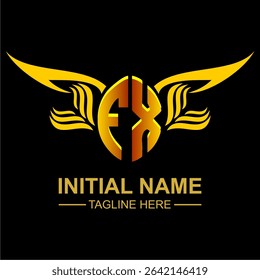 FX Golden Wing Emblem Logo with elegant gold wings, sleek and modern design. Ideal for branding, creative projects, luxury businesses, or artistic ventures.