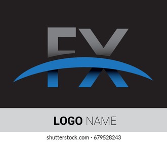 FX initial logo company name colored grey and blue swoosh design.