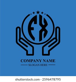FX initials held within hands, symbolizing trust and protection. The circle represents unity, while stars highlight excellence and ambition.