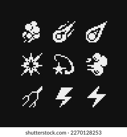 Fx light effects emoji. Pixel art abstract icons set. Light symbols. Electric lightning bolt. Energy effect. Bright light flare and sparks Isolated vector illustration.