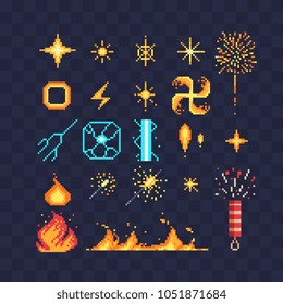 Fx light effects energy symbols pixel art icons. Electric lightning bolt. Bright light flare and sparks. Bengal fire fireworks and sparkler isolated vector illustration. Game assets 8-bit sprite sheet