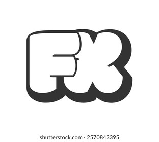 FX logo, bubble comic lettering, rounded in graffiti style black and white silhouette. Trendy preschool F and X letter text for festival party, personal initials, children funky print and web.