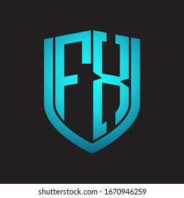 Monograma del logotipo FX con diseño de escudo de emblemas aislado con colores azules sobre fondo negro