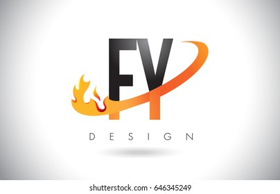 FY F Y Letter Logo Design with Fire Flames and Orange Swoosh Vector Illustration.