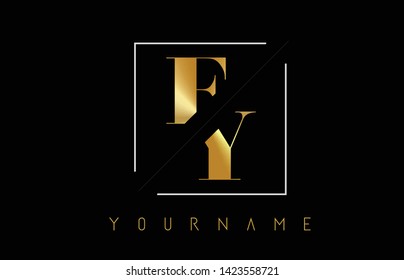 FY Golden Letter Logo with Cutted and Intersected Design and Square Frame Vector Illustration