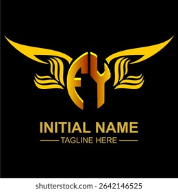 FY Golden Wing Emblem Logo with elegant gold wings, sleek and modern design. Ideal for branding, creative projects, luxury businesses, or artistic ventures.