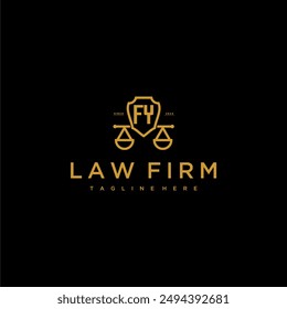 Monograma inicial FY para el logotipo de la firma de abogados con escalas y escudo de Imagen de lujo