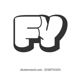 FY logo, bubble comic lettering, rounded in graffiti style black and white silhouette. Trendy preschool F and Y letter text for festival party, personal initials, children funky print and web. 