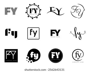 FY logo company template. Letter f and y logotype. Set different classic serif lettering and modern bold text with design elements. Initial font typography. Collection trendy business identity.