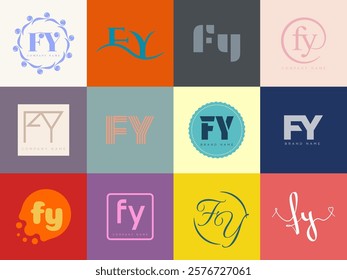 FY logo company template. Letter f and y logotype. Set different classic serif lettering and modern bold text with design elements. Initial font typography. Collection trendy business identity.