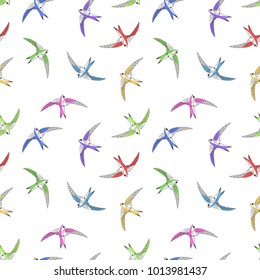 Fying bird seamless pattern. Palying swifts in the sky. Vector image