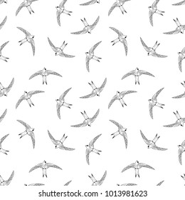 Fying bird seamless pattern. Palying swifts in the sky. Vector image