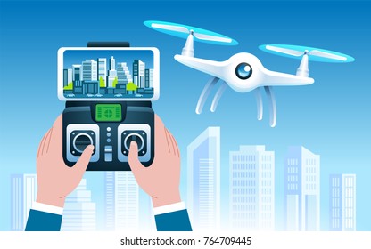 Fying drone with remote control and a camera taking photography or video City background Vector illustration