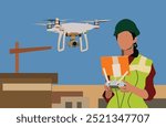 Fying drone and remote operator pilot on duty with tower building behind. Female drone pilot operator hold the transmitter and quadcopter flying in front of her. Industrial mapping technology