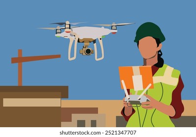 Fying drone and remote operator pilot on duty with tower building behind. Female drone pilot operator hold the transmitter and quadcopter flying in front of her. Industrial mapping technology