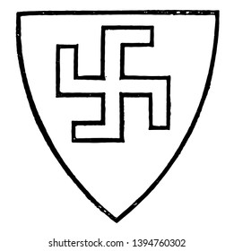 El Escudo de la guirnalda tiene extremidades dobladas en ángulos rectos, dibujo de línea vintage o ilustración de grabado.