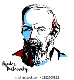 Fyodor Dostoevsky engraved vector portrait with ink contours. Russian novelist, short story writer, essayist, journalist and philosopher. 