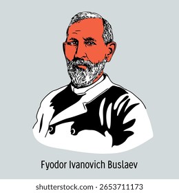 Fyodor Ivanovich Buslaev é um linguista russo, folclorista, historiador da literatura e da arte, chefe da escola mitológica russa. Ilustração de vetor desenhada à mão