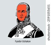 Fyodor Ushakov was a Russian naval commander, commander of the Black Sea Fleet; commander of the Russian-Turkish squadron in the Mediterranean Sea. Hand-drawn vector illustration