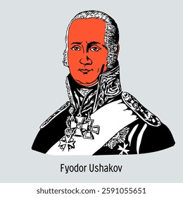 Fyodor Ushakov was a Russian naval commander, commander of the Black Sea Fleet; commander of the Russian-Turkish squadron in the Mediterranean Sea. Hand-drawn vector illustration